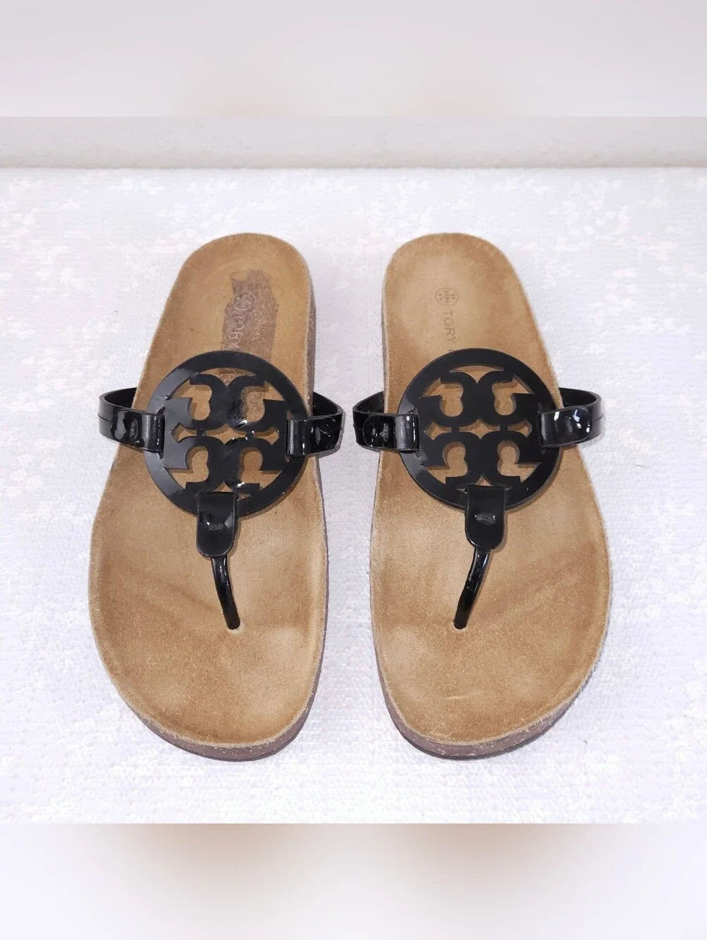 Tory Burch Miller Cloud Sandals US 10 Black Patent Leather Cork Flats